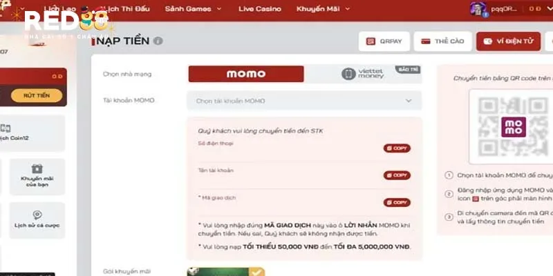 Quy trình nạp tiền RED88 đơn giản